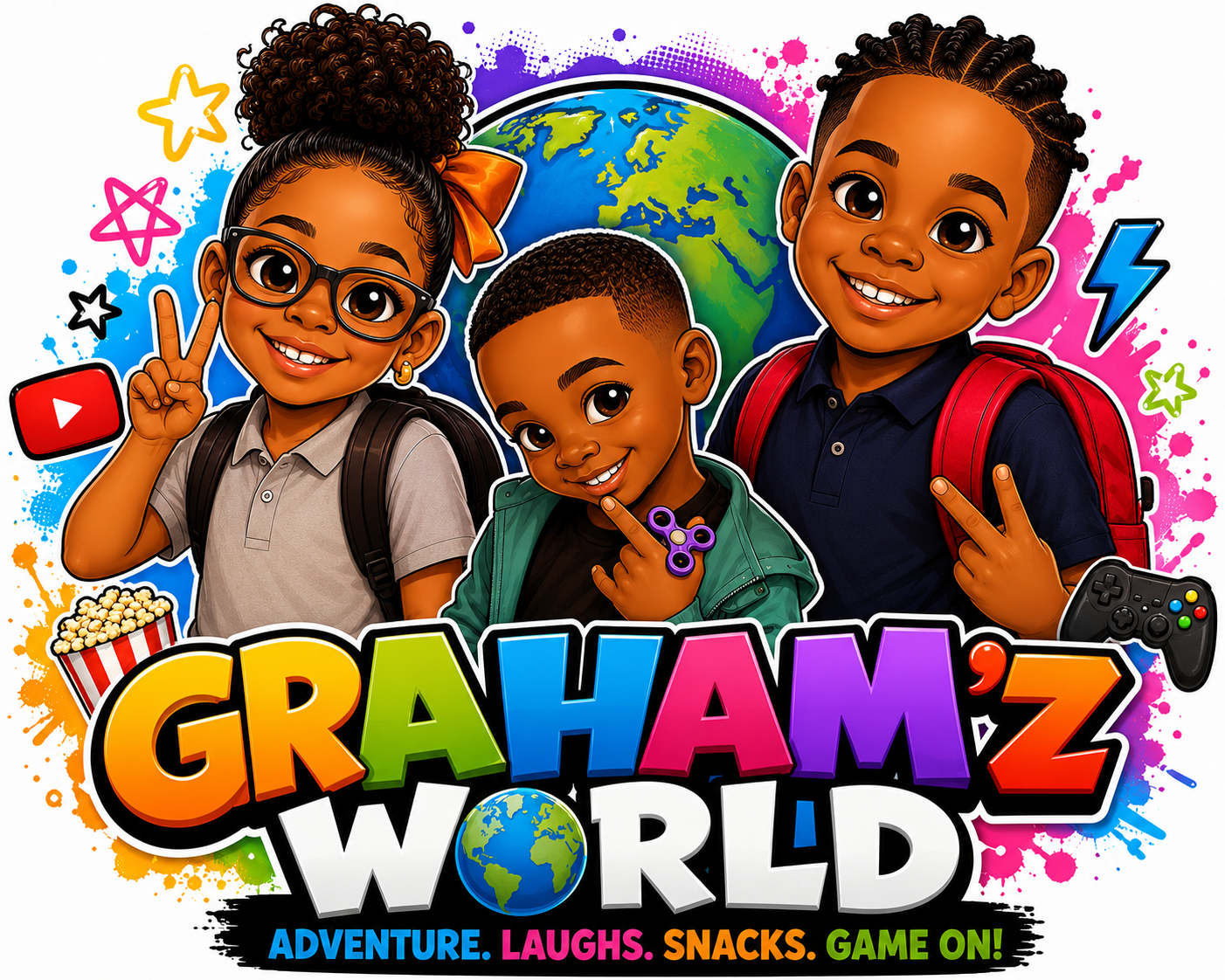 The Graham'z World crew — three siblings surrounded by paint splashes and gaming icons